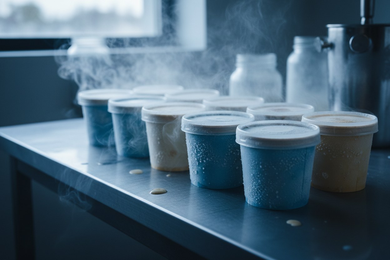 Kırağı atölyesinde paslanmaz tezgâhta sıralanmış frostlu pint kutuları
